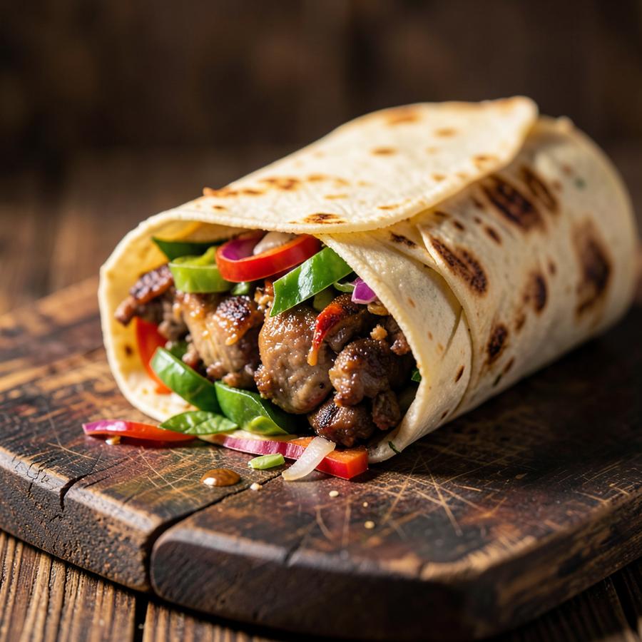 Dürüm Döner mit frischem Gemüse auf einem Holzbrett