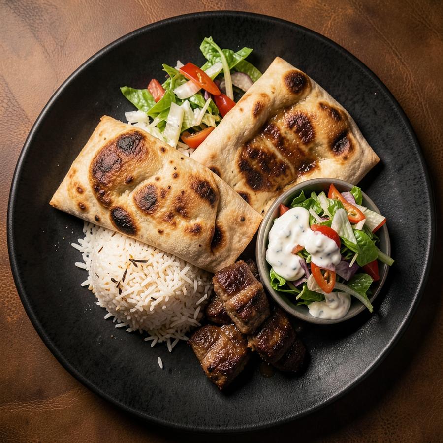 Kebap Teller mit Reis, Salat und Joghurtsoße